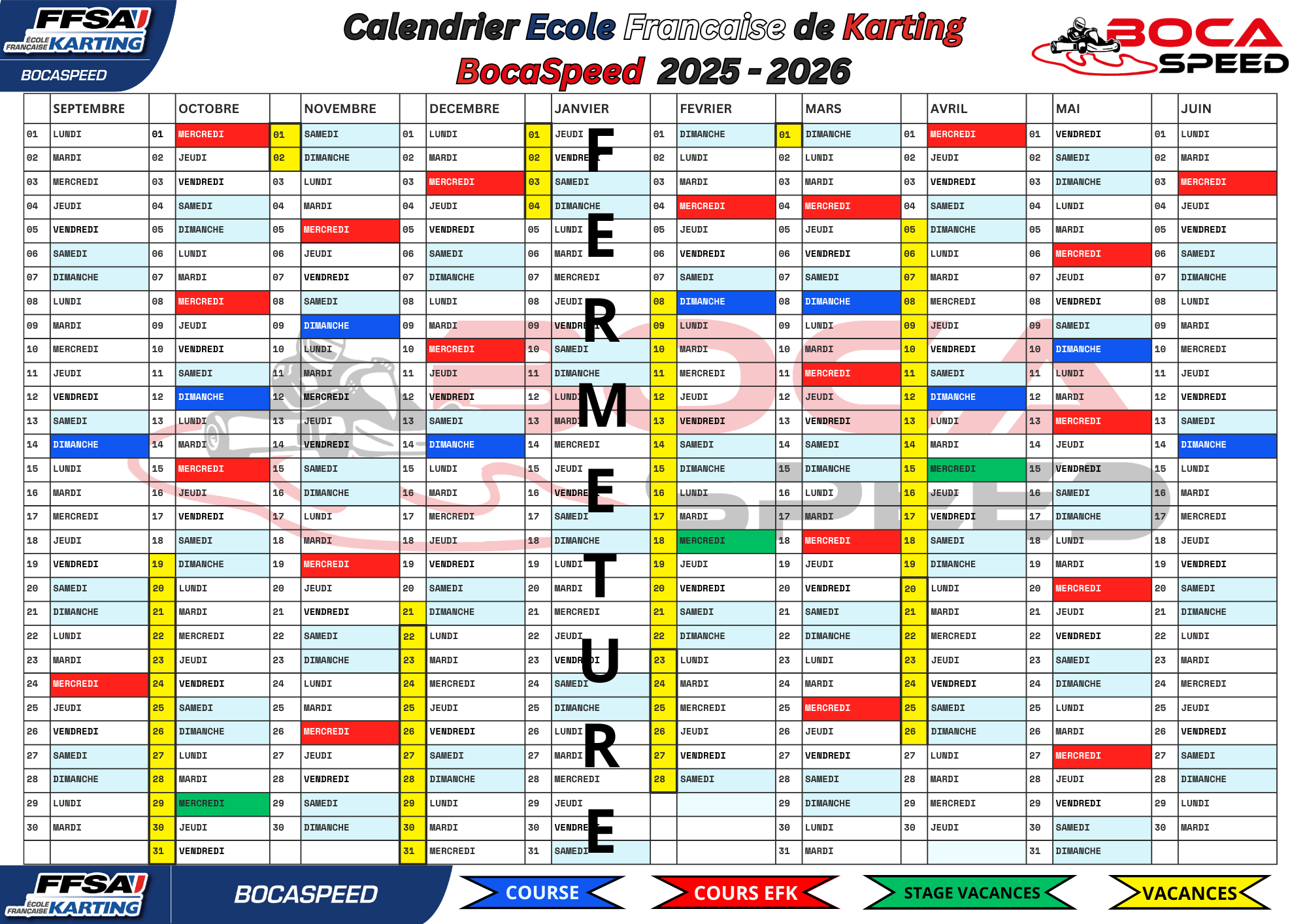 Calendrier Ecole de kart 2025 - 2026
